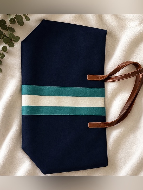 Handbags - Chic Navy Tote with Teal and White Stripe